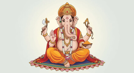 Obraz premium Illustration of Ganesha sitting on a colorful rug with multiple arms in a traditional Indian style against a plain background.