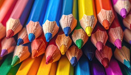Macro Close Up of Many Colored Pencils with Vibrant Leads Intense Saturation for Creative Colorful Art Supplies Concept
