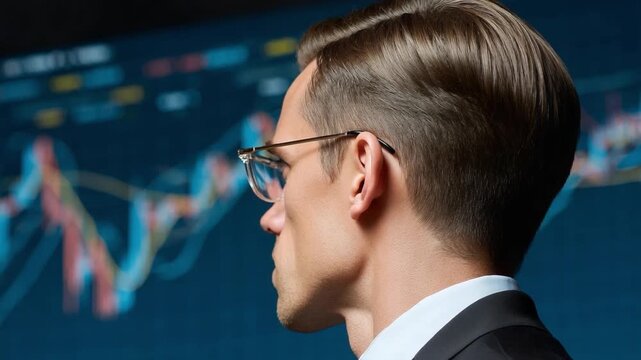 Financial Analyst in Deep Focus: A focused financial analyst studies market trends, his gaze intent on the intricacies of the stock charts, embodying determination and sharp analysis.