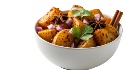 Spiced roasted potato wedges in white bowl garnished with cilantro star anise and cinnamon sticks