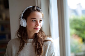 A young woman with headphones enjoys a moment of peace looking thoughtfully out a window bathed in soft daylight