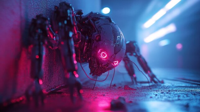 Futuristic robotic spider with glowing pink eyes in a dimly lit cyberpunk environment