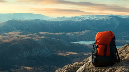 Stunning mountain vista awaits, adventure backpack ready for exploration, inspiring travel photography, perfect for outdoor enthusiasts and nature lovers