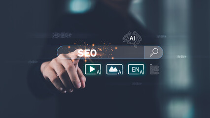 A marketer touching a glowing SEO search bar integrated with AI icons, representing artificial intelligence, digital marketing, online search optimization, and modern data-driven business strategy.