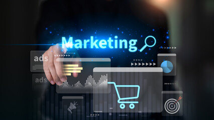 Businessman touching a digital interface with marketing icons, shopping cart, analytics, and advertising graphics, representing online marketing, e-commerce strategy, and digital business growth.