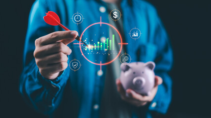 targeting financial growth with piggy bank and bar chart icons, symbolizing saving, investment planning, wealth management, profit, retirement fund, security, interest, dividends, economic future.