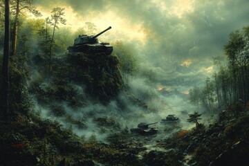 Powerful tanks dominate a misty, dramatic landscape, perfect for conveying strength, military might, and intense conflict scenarios in your designs