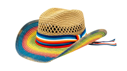 Colorful Straw Hat with Wide Brim and Rainbow Band on Transparent Background