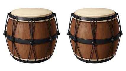 Pair of Wooden Drums with Black Hardware and White Drumheads on Transparent Background