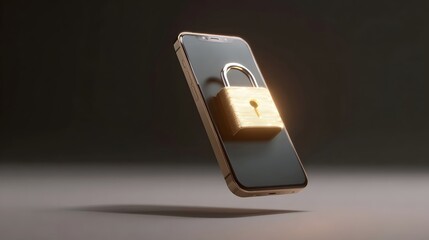 A golden padlock secures a floating smartphone symbolizing digital privacy and data protection