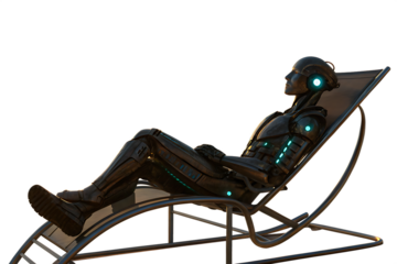 Futuristic robot reclined on a modern lounge chair with glowing green accents isolated on transparent background isolated on white background