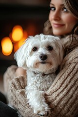 A woman spends an evening with her cute white dog, sitting by the fireplace in a cozy atmosphere.
