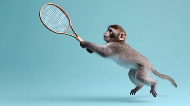 A young monkey energetically swings a tennis racket mid air against a bright turquoise studio background capturing a moment of playful action