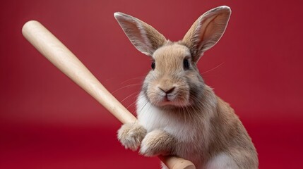 A cute rabbit holds a wooden baseball bat in a playful studio pose against a solid red background