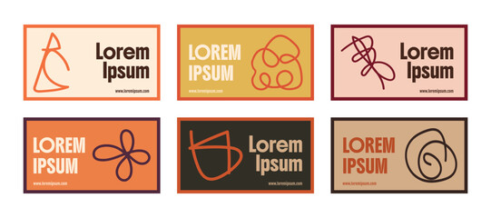 Set of abstract hand-drawn logo templates with modern geometric shapes and bold typography. Business card mockup for branding and identity design.