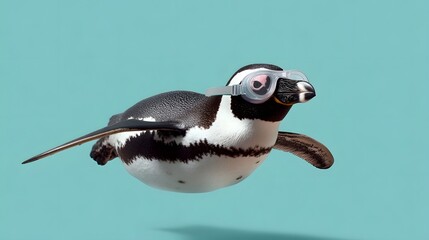 A penguin wearing swimming goggles appears to be diving or swimming against a solid aqua blue background