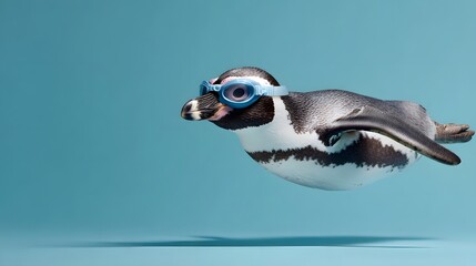 A penguin wearing blue swimming goggles dives gracefully through a vibrant aqua blue background in a studio setting