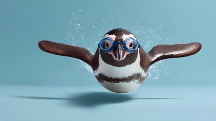 A cute penguin wearing swimming goggles dives gracefully underwater with bubbles against a blue background