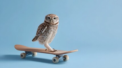 A curious owl balances on a skateboard with whimsical poise against a solid blue background