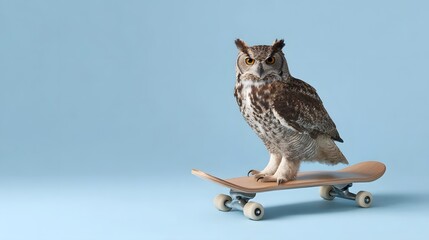 A wise owl with striking eyes balances on a wooden skateboard in a quirky studio shot against a plain blue background
