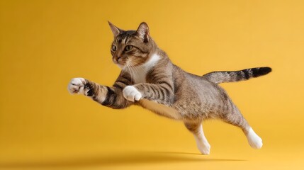 Dynamic tabby cat performs a karate kick mid air against a bright yellow studio background
