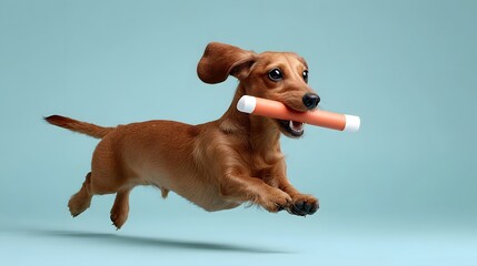 A playful Dachshund runs with a baton in a dynamic studio setting against a solid mint green background