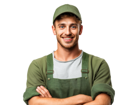 Happy Young Man in Green Overalls and Cap Smiling Confidently on Black Background
