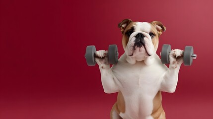 A determined bulldog lifts dumbbells in a studio setting against a solid red background symbolizing fitness and strength