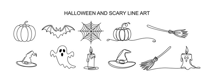 Halloween and scary line art featuring pumpkin, bat, spiderweb, ghost, candle, witch hat, and broom, creating a spooky and minimalist design