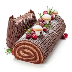 Chocolate Yule Log Cake with Cranberries and Mushrooms on White Background