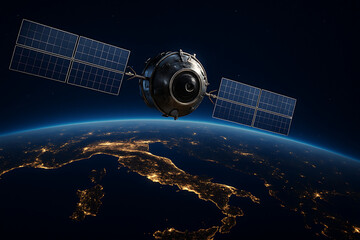 Advanced military spy satellite with solar panels orbiting earth during a beautiful hot sunrise in space to monitor weather and global defense systems technology