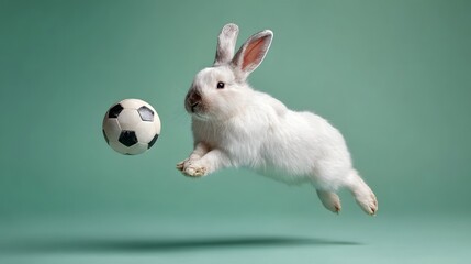 A fluffy white rabbit leaps through the air poised to kick a soccer ball against a clean green background