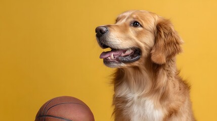 Playful golden retriever dog with a basketball sits against a bright solid yellow studio background looking attentive