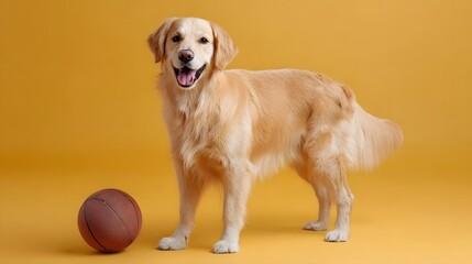 A happy Golden Retriever dog stands with a basketball against a bright yellow studio background