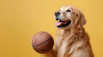 A happy Golden Retriever dog holds a basketball in a studio setting against a bright yellow background