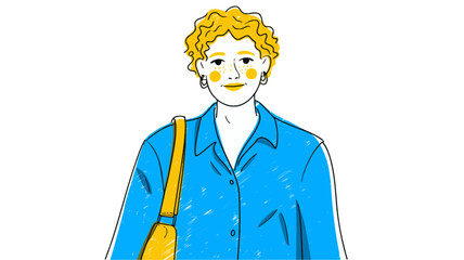 Illustration of a stylish woman with curly blonde hair, wearing a blue shirt and yellow bag, , showcasing a modern and fashionable look