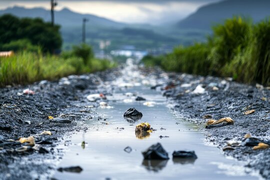 Polluted landscape with debris and murky water reflecting a desolate, somber environment