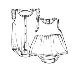 Line art illustration of a baby bodysuit with ruffles and a button-down front, next to a baby dress with a gathered skirt and built-in diaper cover.