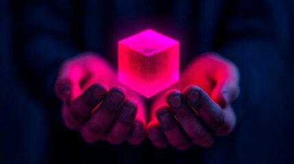 A pair of hands holds a glowing, pink cube, emitting a futuristic and mesmerizing light against a dark background.