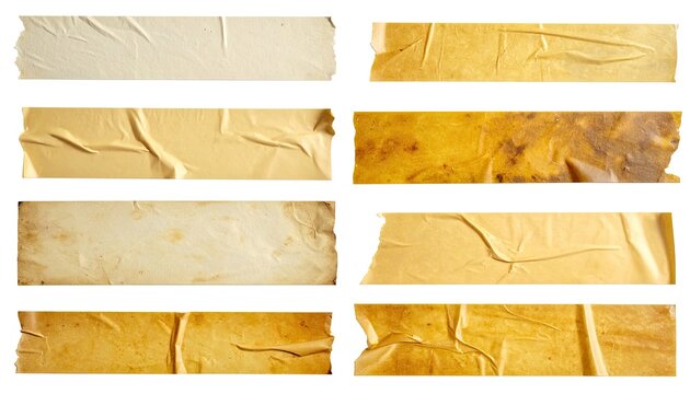 Collection of old, wrinkled, torn, and stained adhesive tape strips