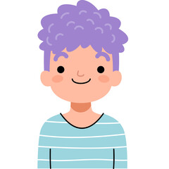 Stylized Avatar Portrait of a Young Person with Curly Purple Hair and Blue Striped Shirt Smiling with Rosy Cheeks Isolated on a Transparent Background