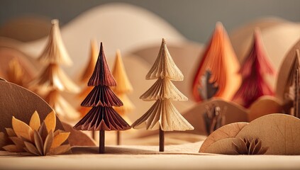 Paper forest scene, stylized, muted earthy palette