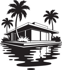 Obraz premium Modern House Palm Trees Silhouette Tropical Landscape Illustration