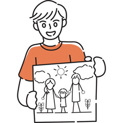 Smiling Person Holding Up A Childlike Drawing Of A Happy Family With Sun And Clouds In A Field