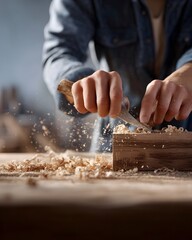 Carpenter precisely chiseling wood creating fine shavings in a workshop