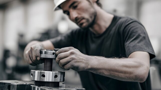 A focused male worker in a hard hat meticulously assembles intricate metal hinery components in an industrial workshop setting