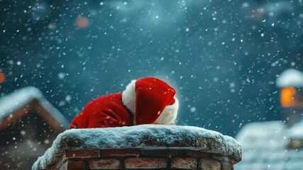 santa claus climbing down chimney with bag full of presents, smiling and waving to viewer, blue background with city lights in night sky, festive christmas scene