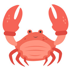 A charming coral colored crab with raised claws and a smiling face depicted on a clean transparent background suitable for aquatic or beach themed designs