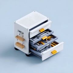 Isometric 3D render of a white toolbox with open drawers revealing organized tools and equipment
