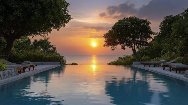 Sunset reflecting on infinity pool overlooking calm sea framed by trees